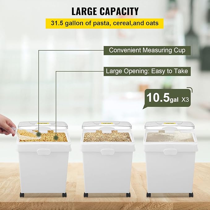VEVOR Ingredient Bin, 10.5 Gallons Capacity Ingredient Storage Bin, PP Material Flour Bins On Wheels, White Shelf Ingredient Bin with Scoop and Sliding Lid, Commercial Storage Bins 3 Pcs/Set - Image 4