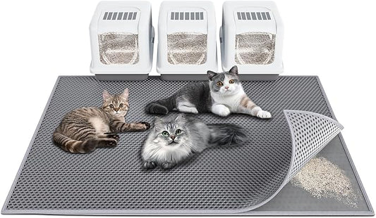 Waretary Cat Litter Mat, 47"x 36" Waterproof Scatter Control Grey | Double Layer Litter Recycling, Easy to Clean, Non-Slip, Durable, Paw-Friendly, Safe & Odorless, Fits Large Litter Boxes by Createabetterlifeforyou