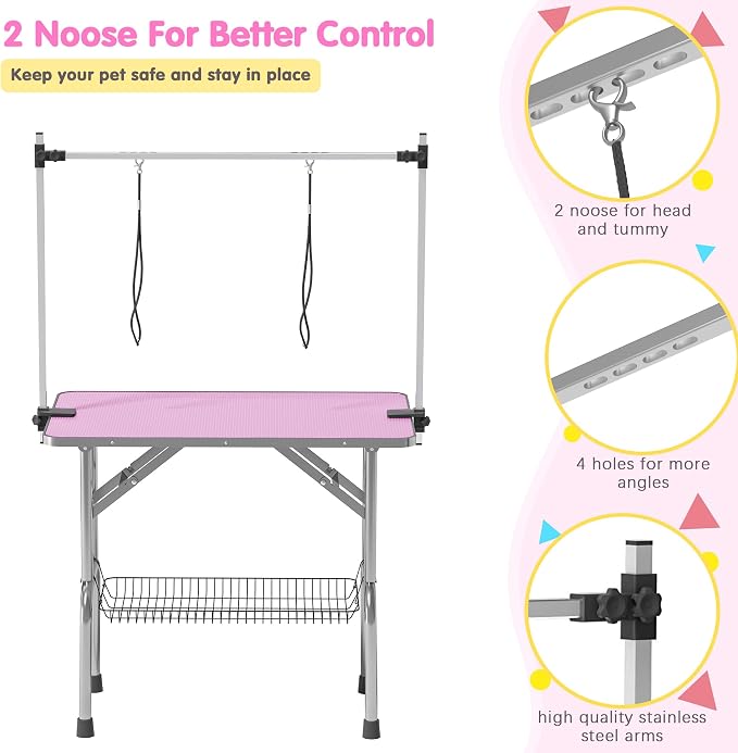 Lyromix 36'' Stainless Steel Pet Dog Grooming Table, Arm/Noose/Tray, Pink | Foldable Dog Grooming Table for Dogs at Home, Adjustable Height Arm, Non-Slip Waterproof Tabletop, Capacity 330Lb - Image 3