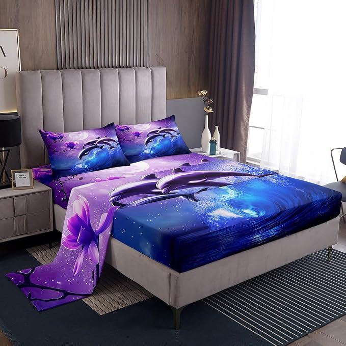 Galaxy Dolphin Sheet Set Full Size Coastal Ocean Waves Bedding Purple Cherry Blossoms Sea Animal Bed Sheets For Kids Boys Girls Teens Moon Sky Starry Fitted Sheet + Flat Sheet + 2 Pillow Cases Blue by Erosebridal