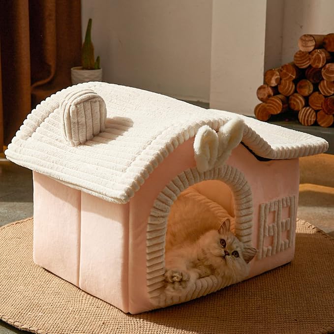 Jiupety Rabbit Cat House for Indoor Cats, Cute Covered Cat Bed with Spacious Interior, Pet Cave Bed Up to 3-15 Lbs Kitten, Pink - Image 5