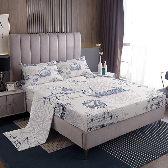 Nautical Bed Sheet Set,Ocean Beach Themed Bedding Set Queen,Blue Vintage Sailboat Sheet Set for Kids Boys Girls Bedroom Decor,Hawaiian Nature Style Ships Anchor Fitted Sheet + Flat Sheet + Pillowcases by Erosebridal
