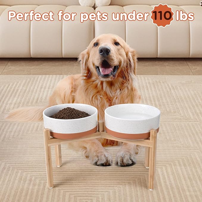 SPUNKYJUNKY Elevated Dog Bowls Ceramic, 8.3'' Dogs Food Water Bowls Raised with Non-Slip Bamboo Stand for Large Sized Breed Microwave Dishwasher Safe - 60 OZ,Pattern White - Image 7