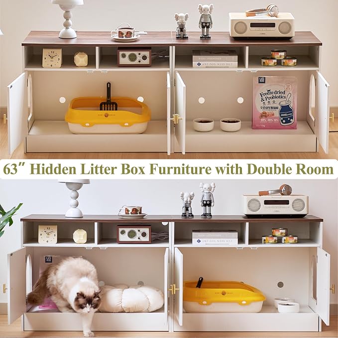 Cat Litter Box Enclosure for 2 Cats, TV Stand with Storage & Outlet, 63" Double Litter Box Enclosure Furniture, Wooden Enclosed Litter Box Cabinet, 63”L x 15.7”W x 23.6”H, White & Walnut - Image 8