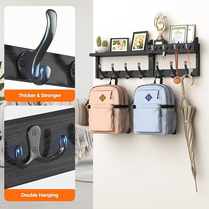 Evermagin 29" Coat Rack Wall Mount with Shelf & 11 Hooks, Entryway, Black | 4-in-1: coat hooks, key hanger, mail holder & display shelf. Pine wood. For bedroom, hallway, mudroom, livingroom - Image 6