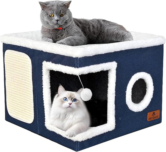 Cat Beds for Indoor Cats, Large Cat Cave Bed with Scratch Pad and Fluffy Ball, Foldable Cat Hideaway, Cat House with Reversible Cushion for Multi Small Pet Up to 30LBS, Blue by Unknown