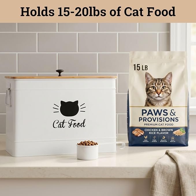 Metal Cat Food Container with Scoop, 15lb (50 Cup) w/ Airtight Bamboo Lid | 15 lb / 50 Cup Capacity, 1 Cup Metal Scoop, Durable Powder Coated Iron Body, Rubber Lined Bamboo Lid, Sturdy Metal Handles - Image 3