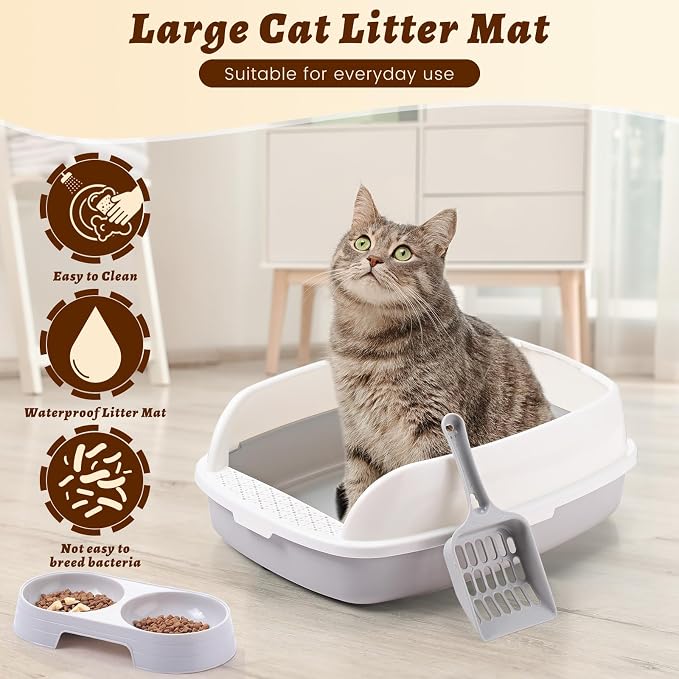 Sliner Kitten Litter Box Low Entry Starter Kit – 7pcs Set with 2 Litter Boxes, 2 Bowls, Scoop & Waterproof Mat, High Sided Cat Toilet for Small Kittens up to 6.6lb(Gray) - Image 4