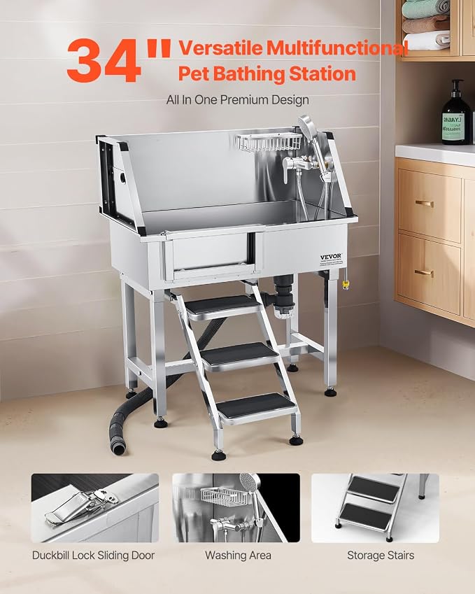 VEVOR Professional Dog Washing Station, 34 Inch Stainless Steel Pet Grooming Tub with Hot Cold Faucet, Adjustable Showerhead, Non-Slip Stairs & Side Sink, for Small to Medium Dogs and Cats (Left Door) - Image 2