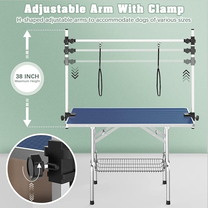 Lyromix 36'' Stainless Steel Pet Dog Grooming Table, Arm/Noose/Tray, Blue | Foldable Dog Grooming Table for Dogs at Home, Adjustable Height Arm, Non-Slip Waterproof Tabletop, Capacity 330Lb - Image 4