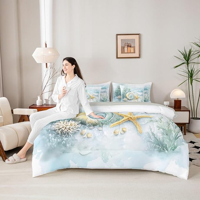 Erosebridal Shell Coral Starfish 7-Piece Bedding Set for Kids, Blue Ocean Coastal Theme Twin Comforter Set with Sheets, Summer Beach Nautical Bed in A Bag, Sea Waves Ocean Life Bed Sets - Image 6