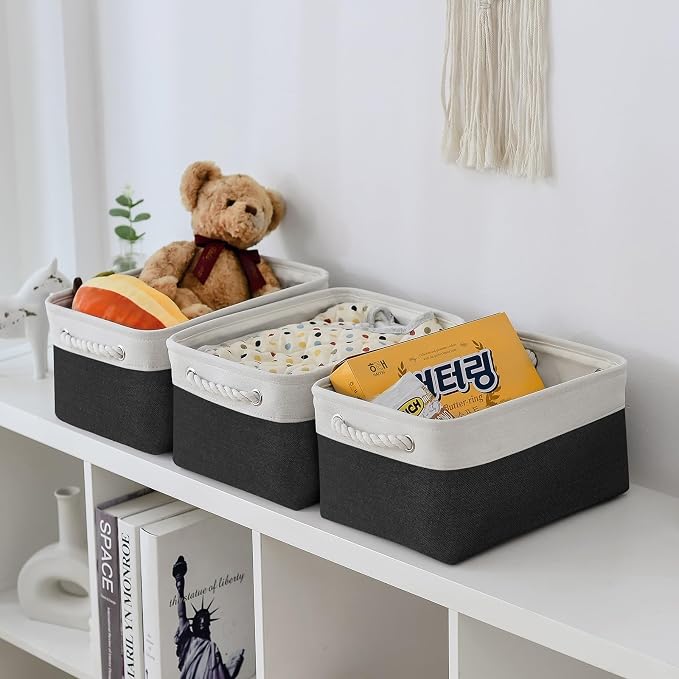 TheWarmHome Storage Basket for Organizing - 3 Pack 13.8x9.8x6.7 inch Medium Collapsible Storage Bin for Shelves with Handles Organizer Closet Cubes Cloth Gift Toy (White & Black) - Image 3