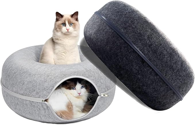 Tunnel Bed for Indoor,cattasaurus Peekaboo cat cave for Multiple,Detachable Felt Felt Washable Interior for Indoor Cats,Donut Tunnel -24inch (Light Gray + Dark Gray) by Unknown