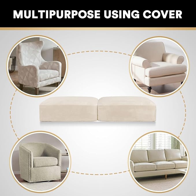 PrinceDeco Velvet Couch Cushion Cover Soft Stretch Cushion Slipcover for Chair Loveseat Sofa Cushion Furniture Protector Seat Cushion Sofa Cover (2 Piece Large Sofa Cushion Covers, Ivory) - Image 6