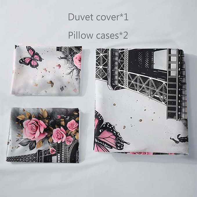 AILONEN Vintage Eiffel Tower Duvet Cover Set for Bedroom Decor, Queen Size,Pink Rose Floral Butterfly Bedding Sets,Romantic Paris Vintage Comforter Cover with 2 Pillowcase,Soft Microfiber - Image 5