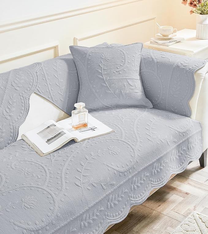 Leaf Floral Cotton Quilted Dog Couch Cover for Sofa Farmhouse Rustic Embroidered Sectional Couch Cover Soft Anti-Slip Sofa Slipcover Furniture Protector for Kids, Pets (Grey,43"x43") - Image 6