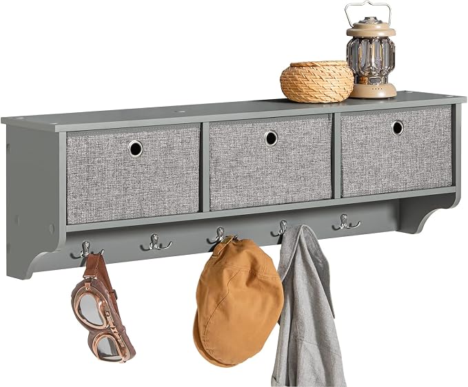 SoBuy Wall Shelf with Hooks, Coat Rack Wall Mount with Shelf Entrywall Storage Cabinet Unit with 3 Baskets 5 Hooks, Grey, FRG282-HG by Haotian