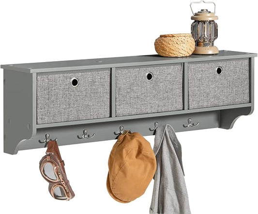 SoBuy Wall Shelf with Hooks, Coat Rack Wall Mount with Shelf Entrywall Storage Cabinet Unit with 3 Baskets 5 Hooks, Grey, FRG282-HG by Haotian