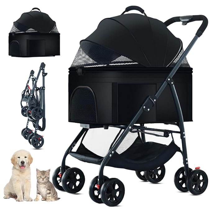 3-in-1 Pet Dog Stroller, Dog Wagon with Removable Carrier, Cat Stroller for Medium Dogs Up to 55lbs (Black)