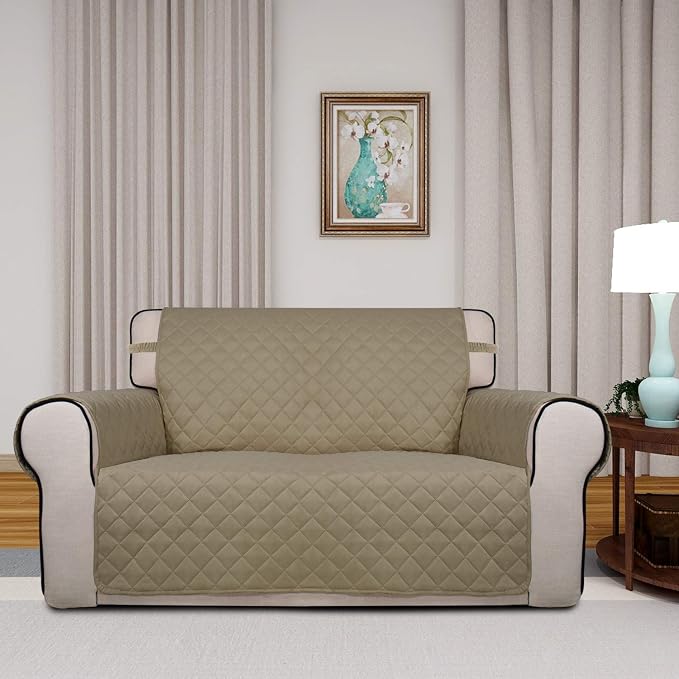 PureFit Reversible Quilted Sofa Cover, Water Resistant Medium Slipcover Furniture Protector, Washable Couch Cover with Non Slip Foam and Elastic Straps for Kids, Dogs, Pets (Loveseat, Beige/Beige) | Beige/Beige, Water Resistant Couch Protector, Washabl... - Image 2