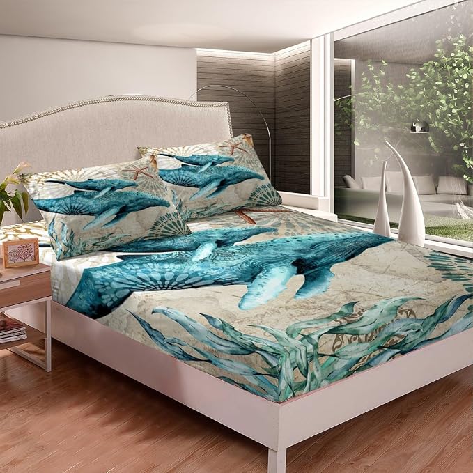 Erosebridal Ocean Whale Sheet Set Kids Boys Girls Nautical Bedding Children Coastal Sea Animal Bed Sheets Set, Marine Animal Theme Bed Set - 4Pcs (1 Fitted +1 Flat+2 Pillowcases),King,Teal Brown - Image 4