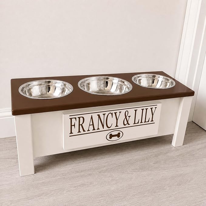 3 Bowl Dog Feeding Station, Personalized Triple Bowl Food Stand Medium Dogs | Farmhouse Style, Elevated Wood Stand, Storage Container, Stainless Steel Bowls, Raised Anti-Slip Feeder, Made in USA - Image 3