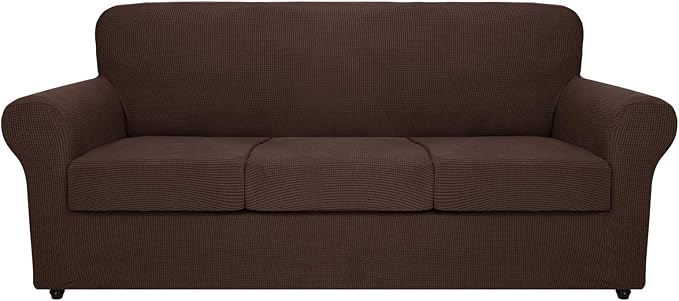 MAXIJIN 4 Piece Couch Covers for 3 Cushion Couch Super Stretch Sofa Cover for Dogs Pet Proof Fitted Furniture Protector Spandex Jacquard Non Slip Magic Couch Slipcover Washable (Large, Coffee) by MAXIJIN