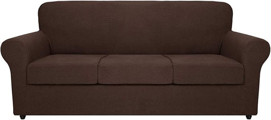 MAXIJIN 4 Piece Couch Covers for 3 Cushion Couch Super Stretch Sofa Cover for Dogs Pet Proof Fitted Furniture Protector Spandex Jacquard Non Slip Magic Couch Slipcover Washable (Large, Coffee) by MAXIJIN