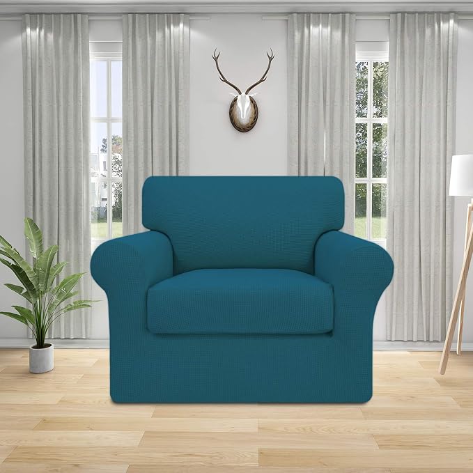 Easy-Going 2 Pieces Stretch Couch Cover Sofa Cover for Dogs Washable Sofa Slipcover for Separate Cushion Couch Spandex Jacquard Fabric Elastic Furniture Protector for Pets, Kids (Peacock Blue, Chair) - Image 2