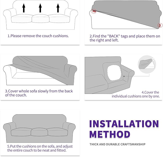 ZNSAYOTX 3-Piece Loveseat Slipcovers High Stretch Spandex Sofa Slip Cover Living Room Love Seat Couch Covers for 2 Cushion Couch Jacquard Small Checks Furniture Protector (Dark Grey, Loveseat) - Image 9