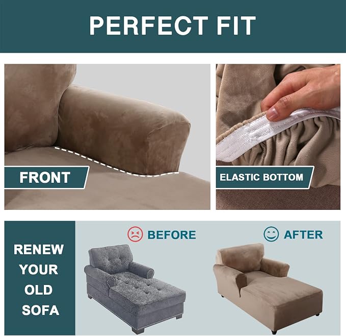 FantasDecor Velvet Chaise Lounge Cover Stretch Double Arm Chair Slipcover for Living Room Bedroom Soft Plush Fabric Machine Washable, Taupe - Image 6