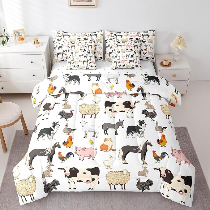 Erosebridal Queen Size Farm Animal Comforter Set with Sheets Boys Girls Cartoon Animals 7 Piece Bedding Sets for Kids Toddler Rustic Farmhouse Bed in A Bag Funny Country Theme Bed Set by Erosebridal