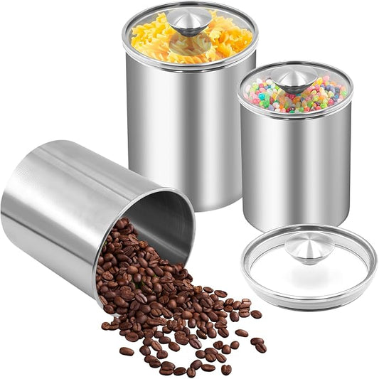 ENLOY Stainless Steel Food Storage Container Set of 3, 88/61/29 oz with Clear Glass Lids - Ideal for Coffee, Tea, Sugar, Flour Canisters by ENLOY