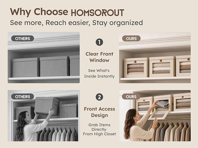 Homsorout Large Closet Storage Organizer - Clothes Storage Bins with Handles & Window, Collapsible Decorative Boxes with Lids, Fabric Containers for Living Room, Dorm, 5 Pack, Beige - Image 6