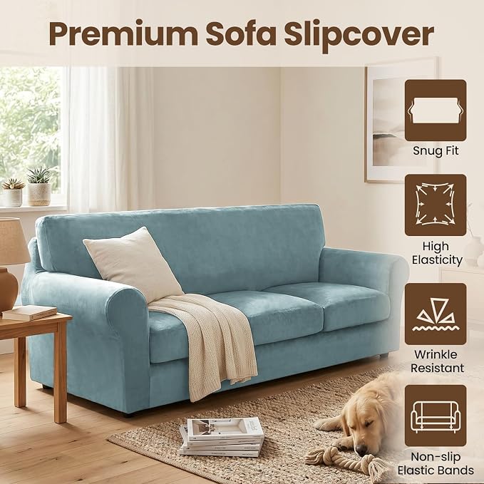 XINEAGE 4-Piece Velvet Oversize Sofa Cover, Couch Covers for Dog,Gray Blue | 3 Cushion Large Sofa,Stretch Non-slip Elastic, Pet-friendly, Washable, Fast Setup, Soft Plush Fabric, Furniture Protector. - Image 2