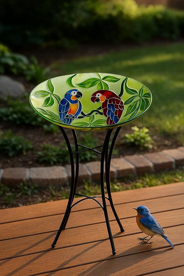 Alpine Corporation 18" Round Outdoor Birdbath Bowl Topper with Colorful Painted Parrot Design - Image 13