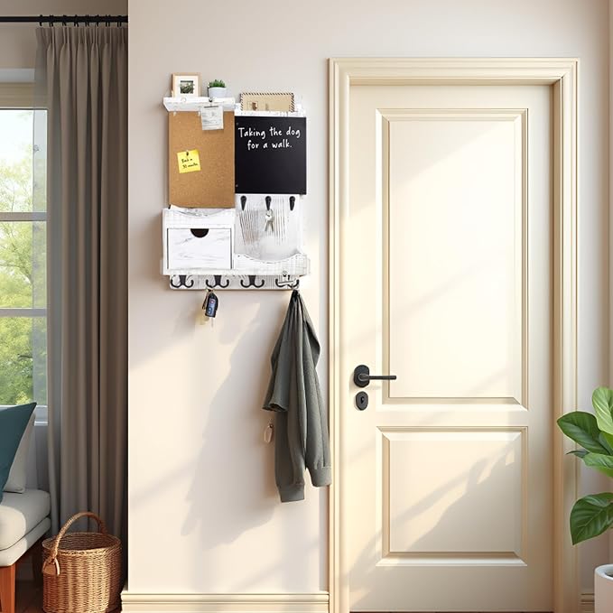 Key Holder Wall Mount， Mail Organizer Key Holder for Wall with Shelf, Drawer, Chalkboard, Corkboard, Home Decor Wall Mounted for Room Entryway(Whitewashed) - Image 3