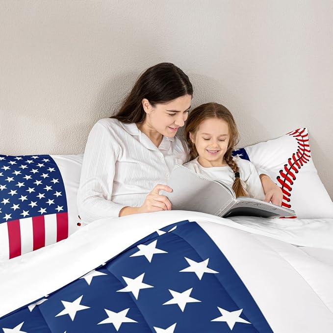 American Flag Comforter Set Queen Size,Abstract Baseball Bedding Set 3pcs for Kids Teens Boys Man Adult Room Decor,Ball Sports Games Fashion Quilt,Red & White Simple Duvet Insert with 2 Pillowcases - Image 2