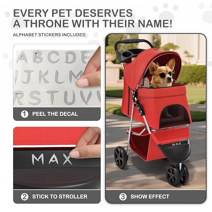 MoNiBloom 3 Wheels Pet Stroller, Foldable Puppy Cage Jogger Stroller with Weather Cover for All-Season, Storage Basket and Cup Holder, Breathable and Visible Mesh for Small/Medium Pets, Red