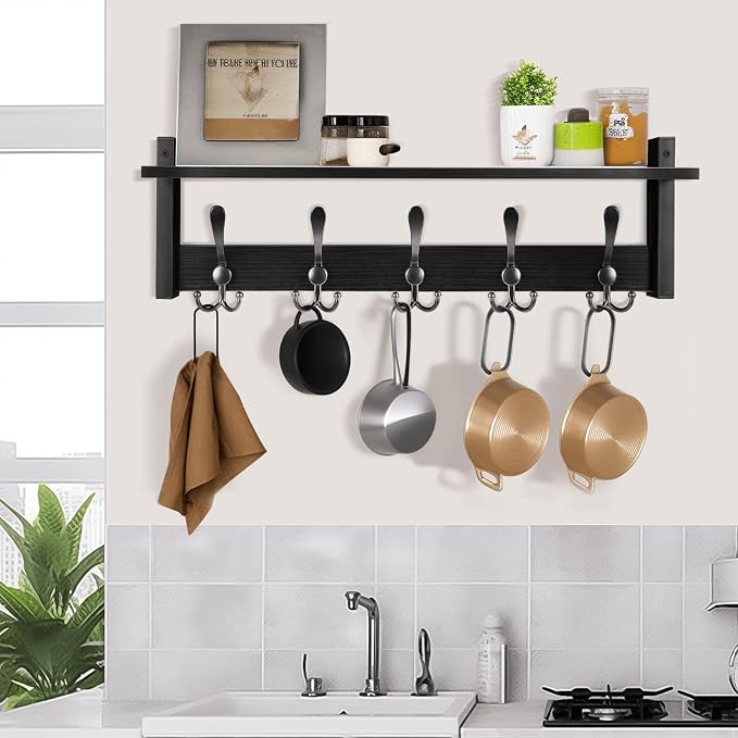 Homode Coat Rack with Shelf, 24" Coat Hooks Wall Mounted with Shelf | Wooden Hanging Coat Hanger with Tri Hooks for Entryway, Bathroom, Mudroom, Bedroom, Black - Image 7