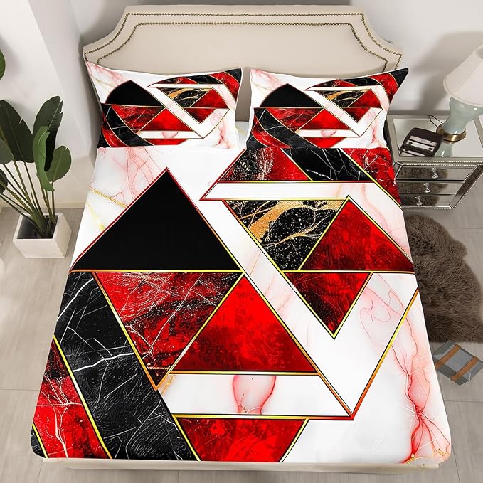 Marble Sheet Set Full Size - Pink Red Black White Marble Bed Sheets - Geometric Triangle Bedding Set - Extra Soft - 1 Fitted Sheet, 1 Flat Sheet, 2 Pillowcases - 4 Pcs Tie Dye Sheet for Bedroom Decor - Image 2