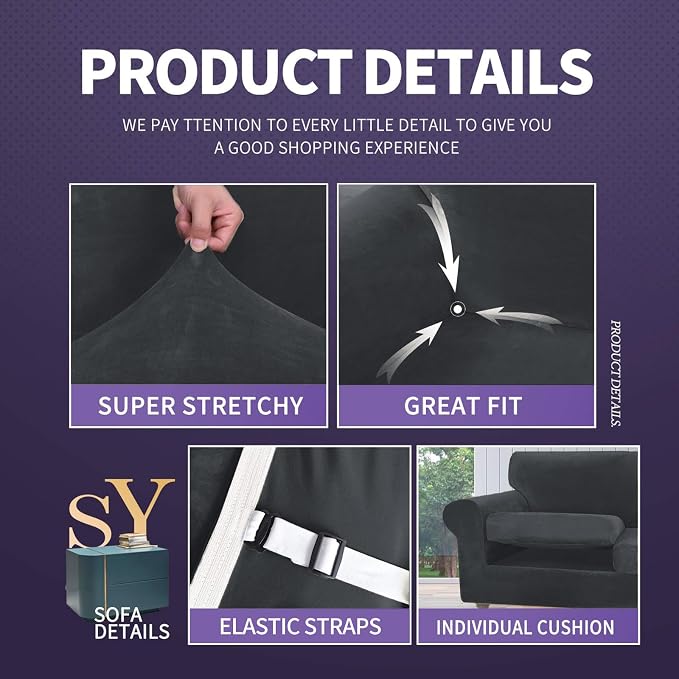 ZNSAYOTX Luxury Velvet Chair Slipcovers with Arm 2 Piece Stretch Chair Covers for Living Room Thick Soft Armchair Slipcover Anti Slip Pet Friendly Furniture Protector (Black),30"-47"(1 Cushion) - Image 4