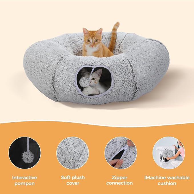 PEQULTI Cat Tunnel with Bed for Indoor Cats, Cat Play Donut Tunnel with Washable Soft Plush Mat, Round Cat Tunnel Toys Cute Cat Tube for Kittens, Puppies, Rabbits and Ferrets, Grey - Image 4