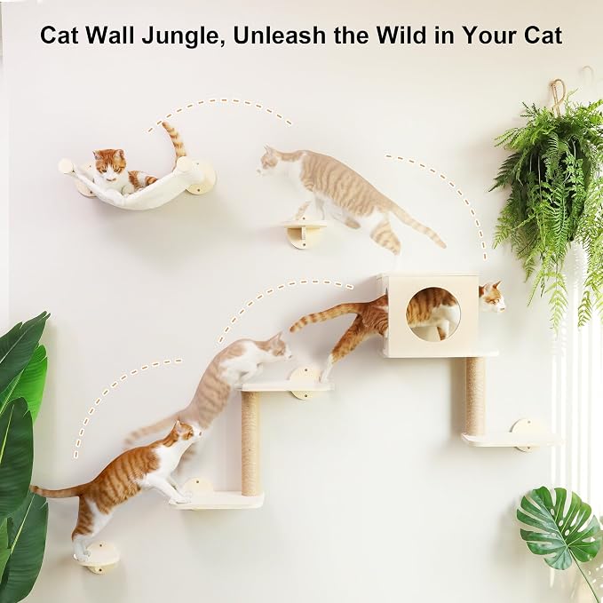 FUKUMARU Cat Wall Shelves, 5 in 1 Set, Beige | Stable Wooden Wall-Mounted Furniture Set, Kitty Climber with Hammock, House, Steps, Scratching Post - Image 2