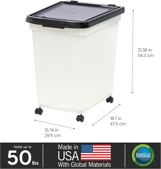 IRIS USA Dog Food Storage Container 50 lbs, with Removable Rolling Wheels, for Dog Cat Bird and Other Pets, Food Storage Bin, Keep Fresh, Made in USA, Pearl/Black - Image 3
