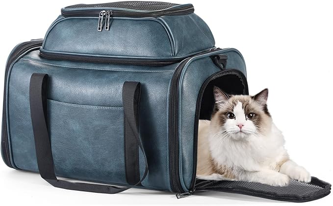 Premium Leather Top Expandable Pet Carrier for Small Dogs & Cats Under 15 lbs, Airline Approved Collapsible Soft-Sided Luxury Travel Bag Blue