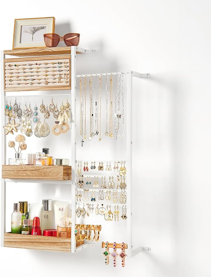 Pinzoveco Hanging Jewelry Organizer Wall Mounted, Large Hanging Jewelry Organizer Holder for Necklaces,Bracelest,Earrings,Rings,Watched,Makeup & Perfume (White) by Pinzoveco