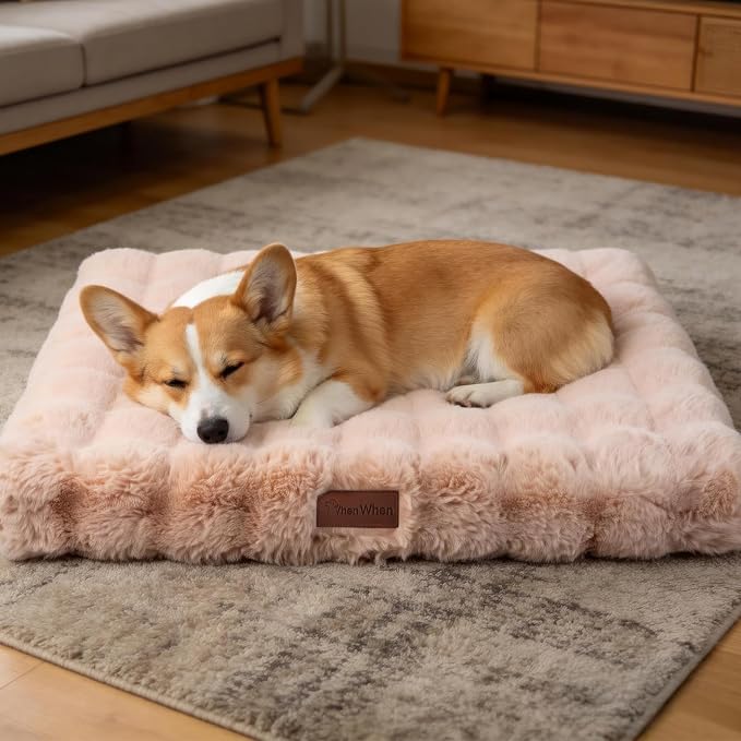 Orthopedic Dog Beds for Medium Dogs, Fluffy Faux Rabbit Fur Pet Bed with Removable Washable Cover, Dog Bed Mat with Egg Crate Foam & Waterproof Lining, Anti Slip Bottom, Light Khaki,30"x20"x3" by VhenWhen