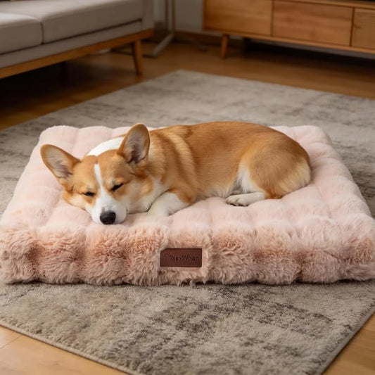 Orthopedic Dog Beds for Medium Dogs, Fluffy Faux Rabbit Fur Pet Bed with Removable Washable Cover, Dog Bed Mat with Egg Crate Foam & Waterproof Lining, Anti Slip Bottom, Light Khaki,30"x20"x3" by VhenWhen
