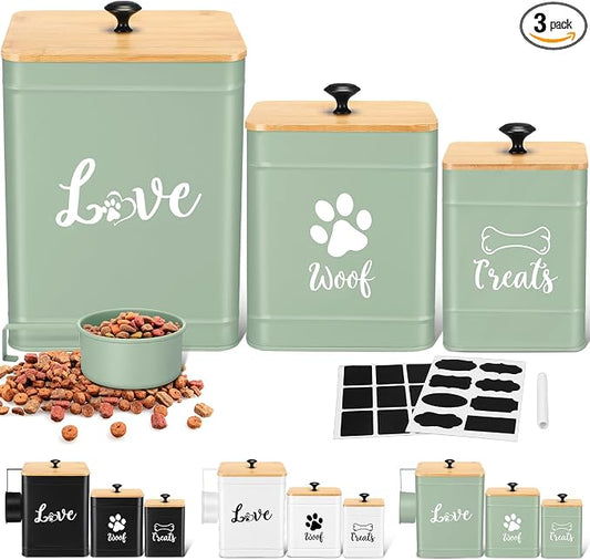 Jingmore Metal Dog Treat Containers Set of 3 with Bamboo Lids and Spoon Airtight 7+3+2 lbs Dog Food Snack Jars with DIY Labels Big Pet Cookie Storage Jar for Kitchen Counter (Sage Green,Cute) by Jingmore